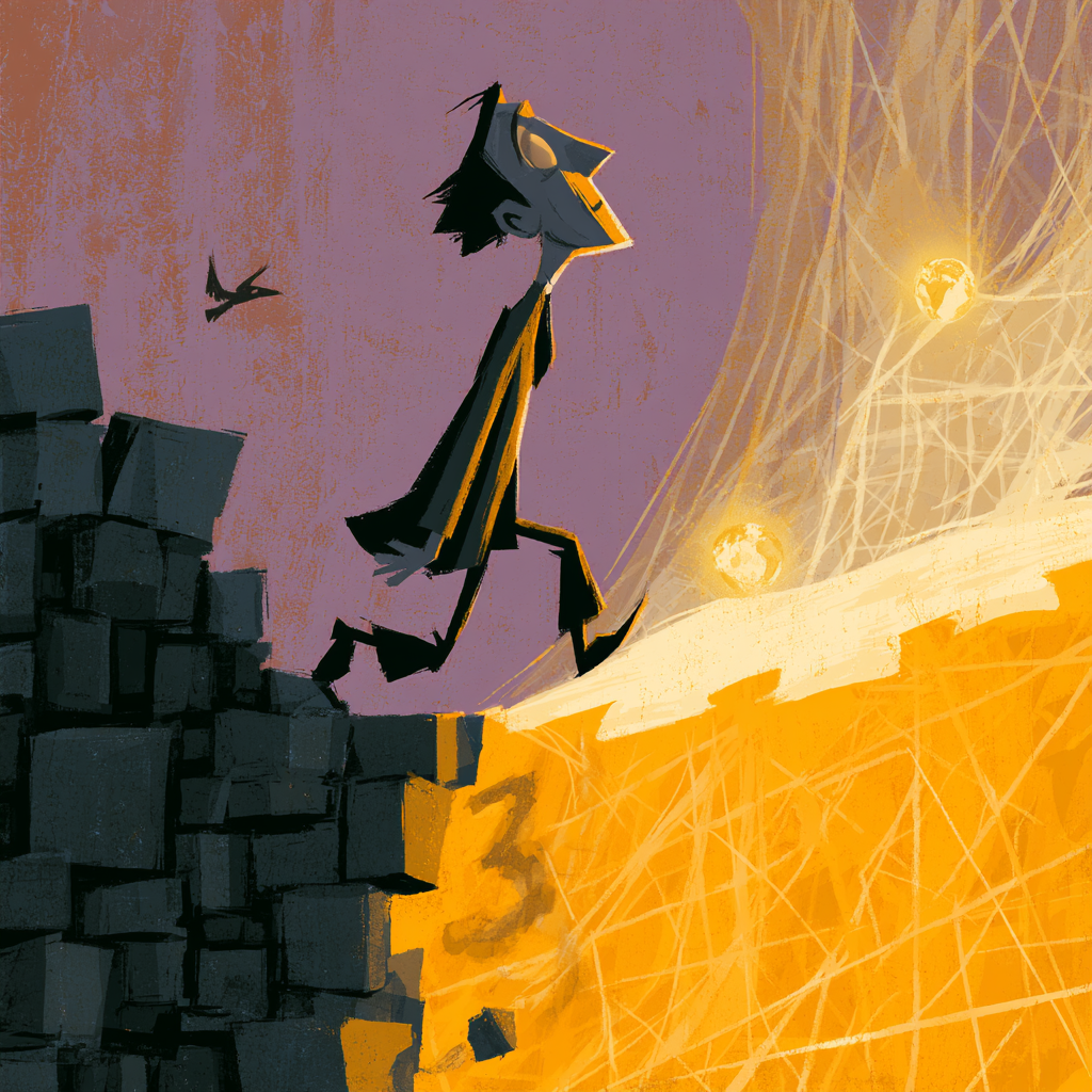 the shift from 3d to 5d — a figure stepping from a dense, heavy lower world up onto a lighter, luminous higher plane