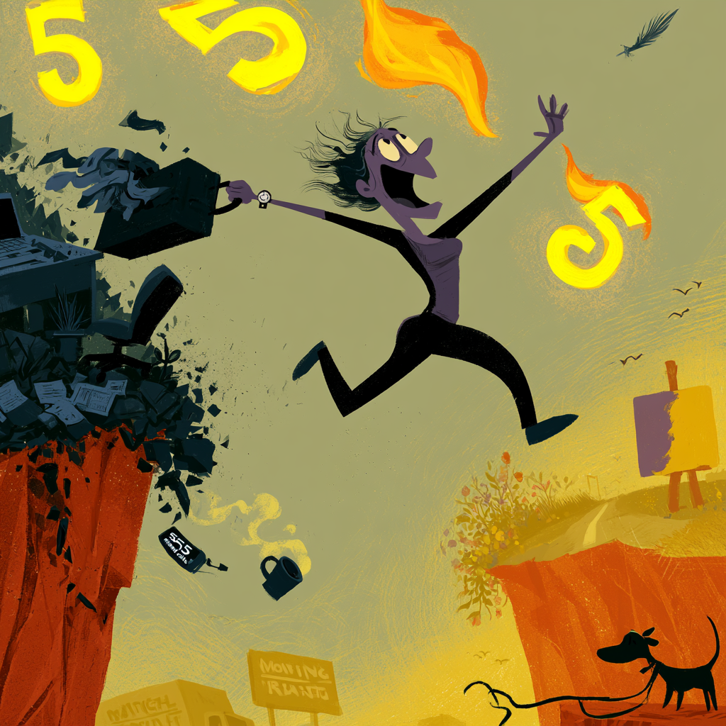 555 angel number meaning — modern person mid-leap from a crumbling cliff of old life to a new cliff of new life
