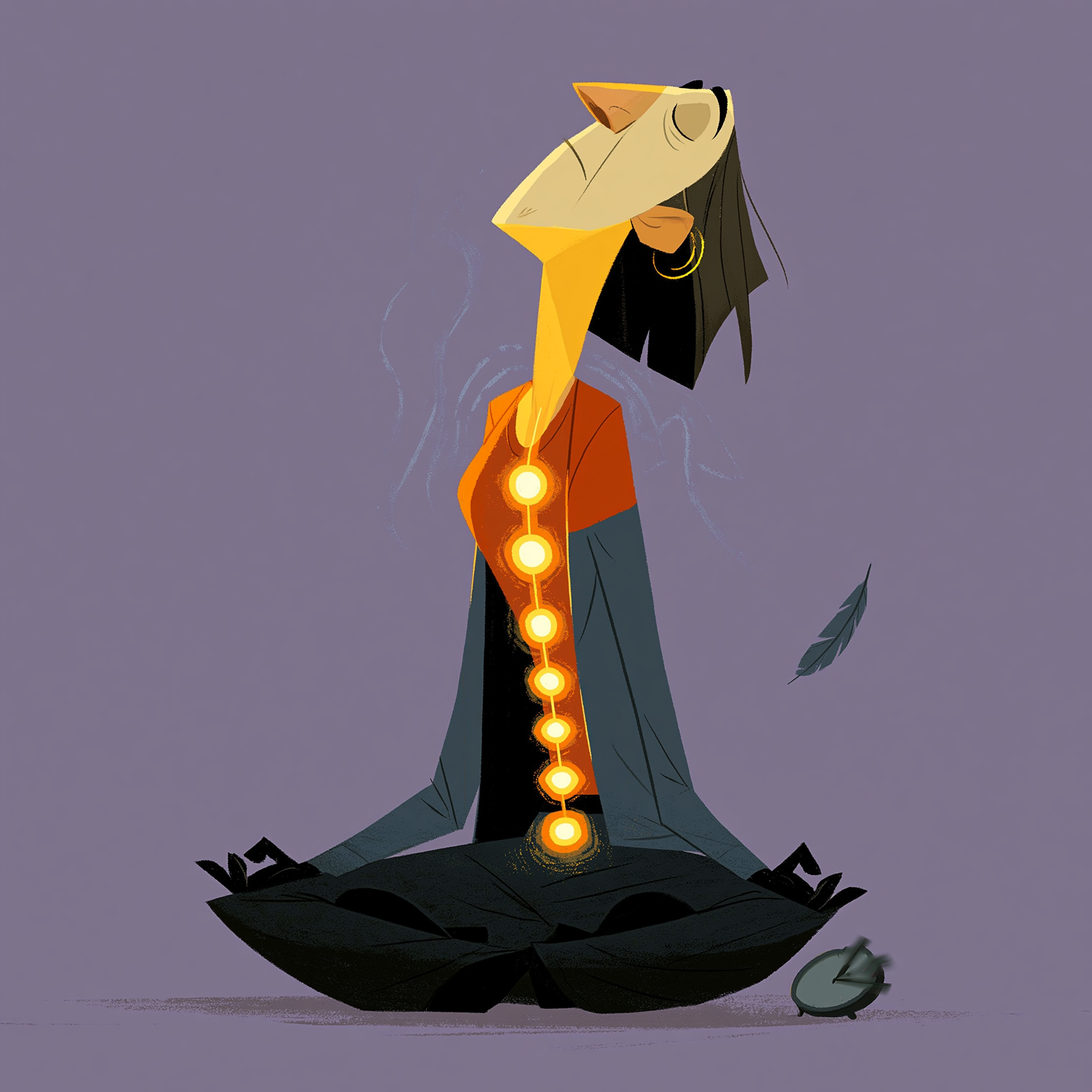 ascension symptoms — a meditating figure with energy rising through stacked chakra centers, shifting from a dense lower band into open light