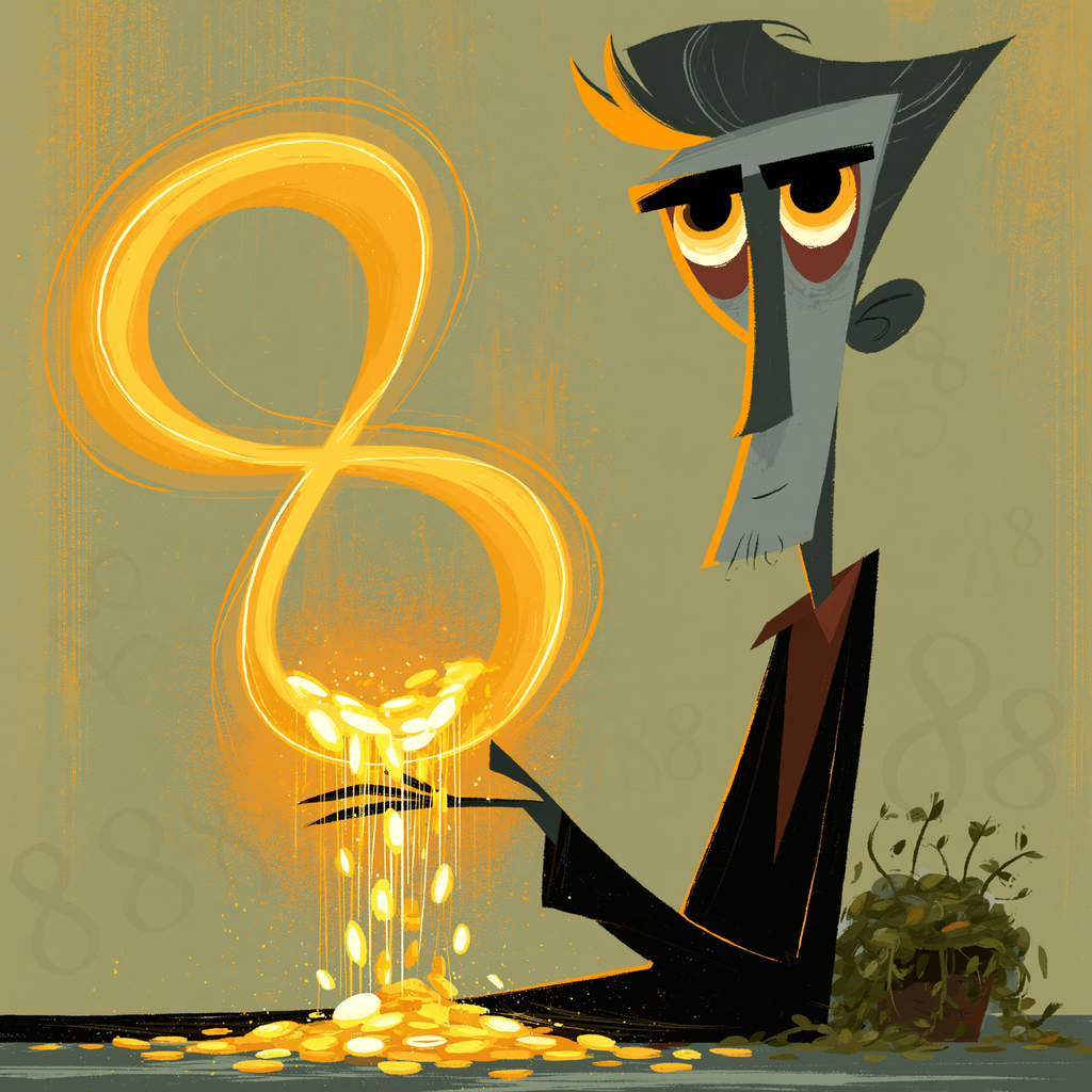 888 angel number meaning — a sideways figure-eight of golden light looping over a modern person receiving an overflowing harvest