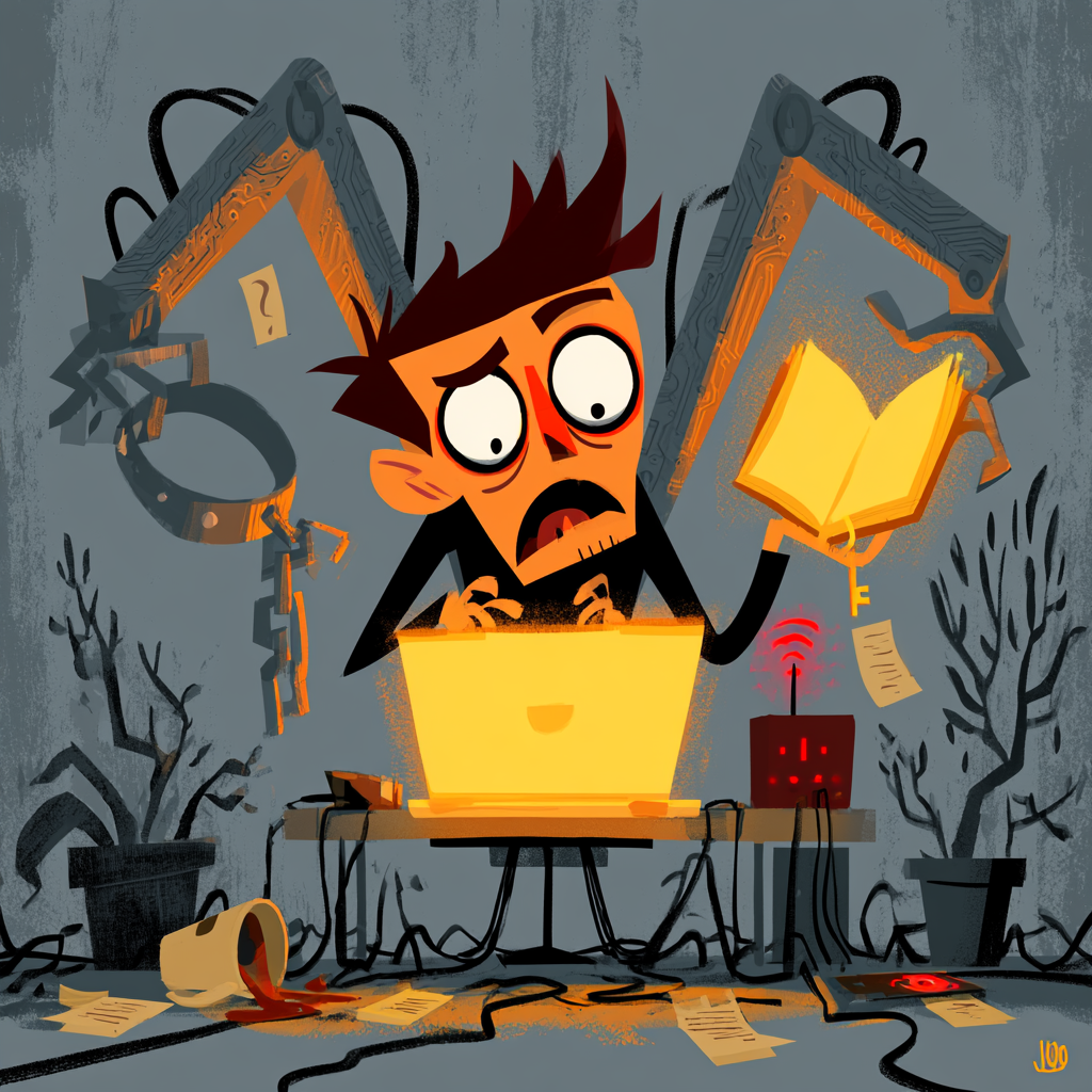 AI control or liberation — modern person at a laptop with robotic arms offering chains versus a key