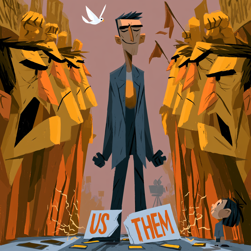 Beyond the polarity trap — modern person standing calm between two mirrored opposing protest crowds