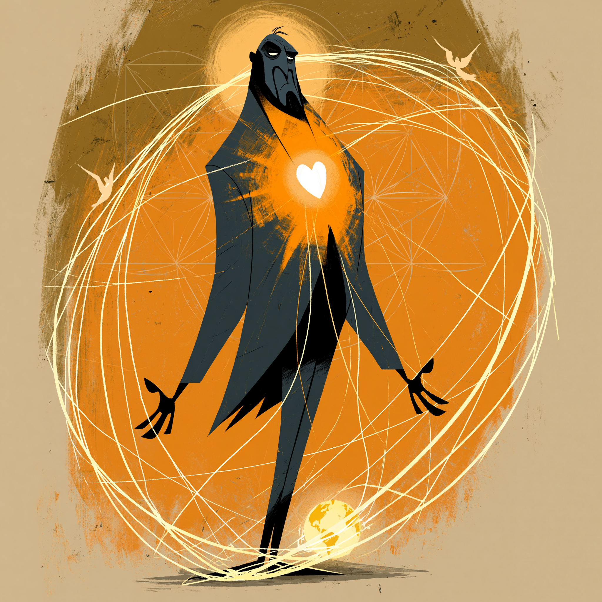 christ consciousness — a radiant figure with an open heart center standing within a luminous geometric grid encircling the earth