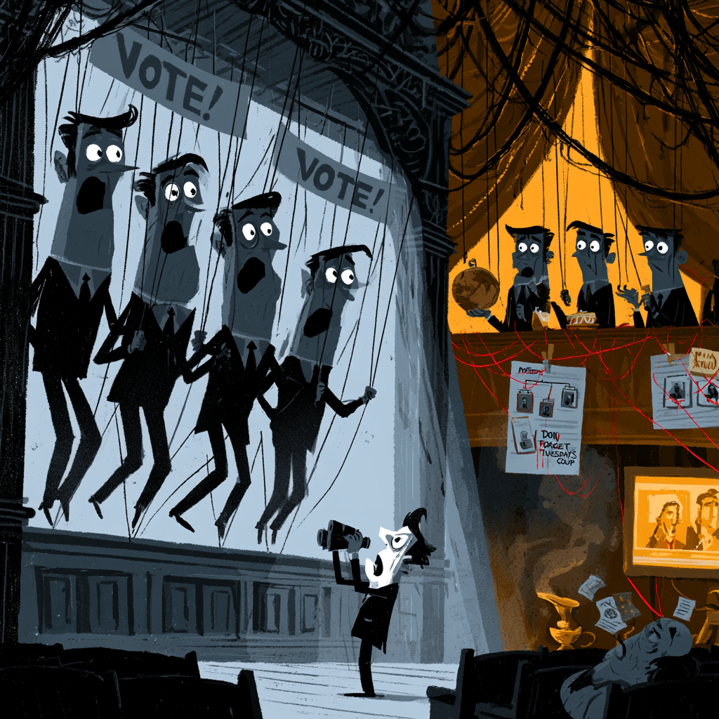 Deep state explained — politicians as marionette puppets on strings above a stage with hidden suited handlers above