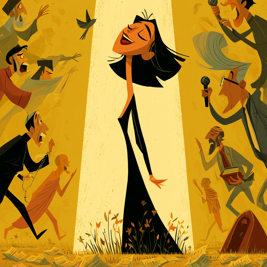 Direct connection to source — joyful woman alone in a field receiving divine light while religious figures of every tradition run toward her