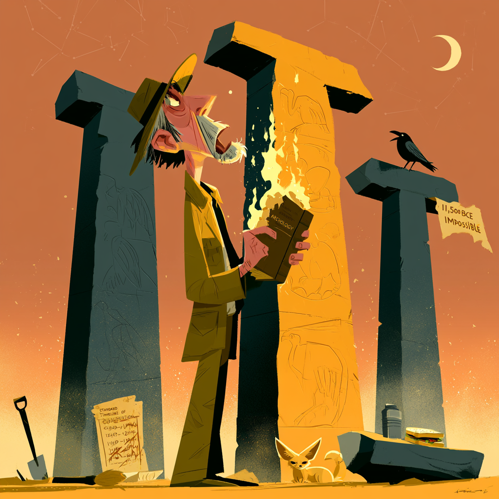 Göbekli Tepe mystery — modern archaeologist dwarfed by the 12,000-year-old T-shaped megalithic pillars carved with vultures and foxes