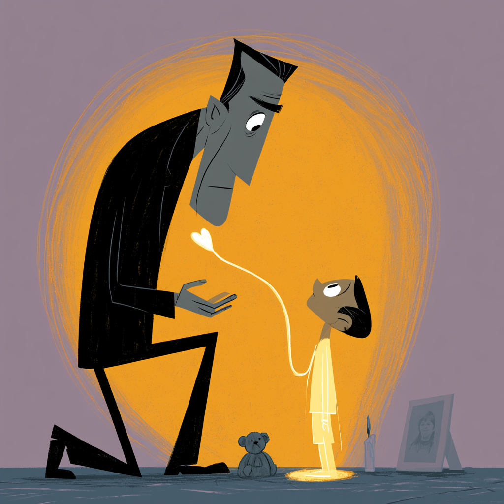 inner child healing — a kneeling adult figure gently holding the hand of a small luminous child version of themselves