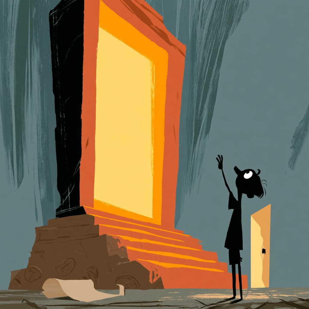 is AI the antichrist — a small figure with hand raised in question before a glowing screen set on a temple pedestal, Roman coins in the rubble at its base and an open door of light standing behind