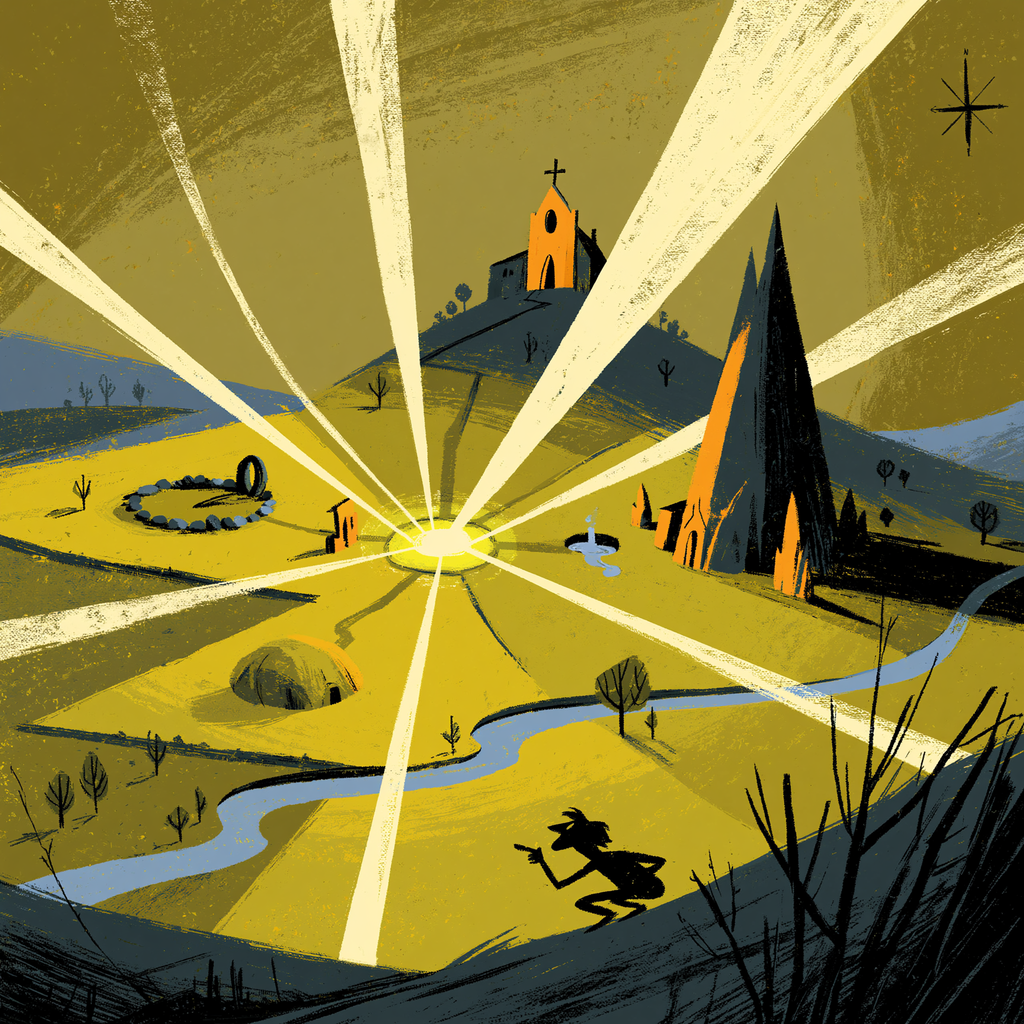ley lines — glowing straight lines connecting ancient stone circles, mounds, and sacred mountains across a stylized landscape viewed from above