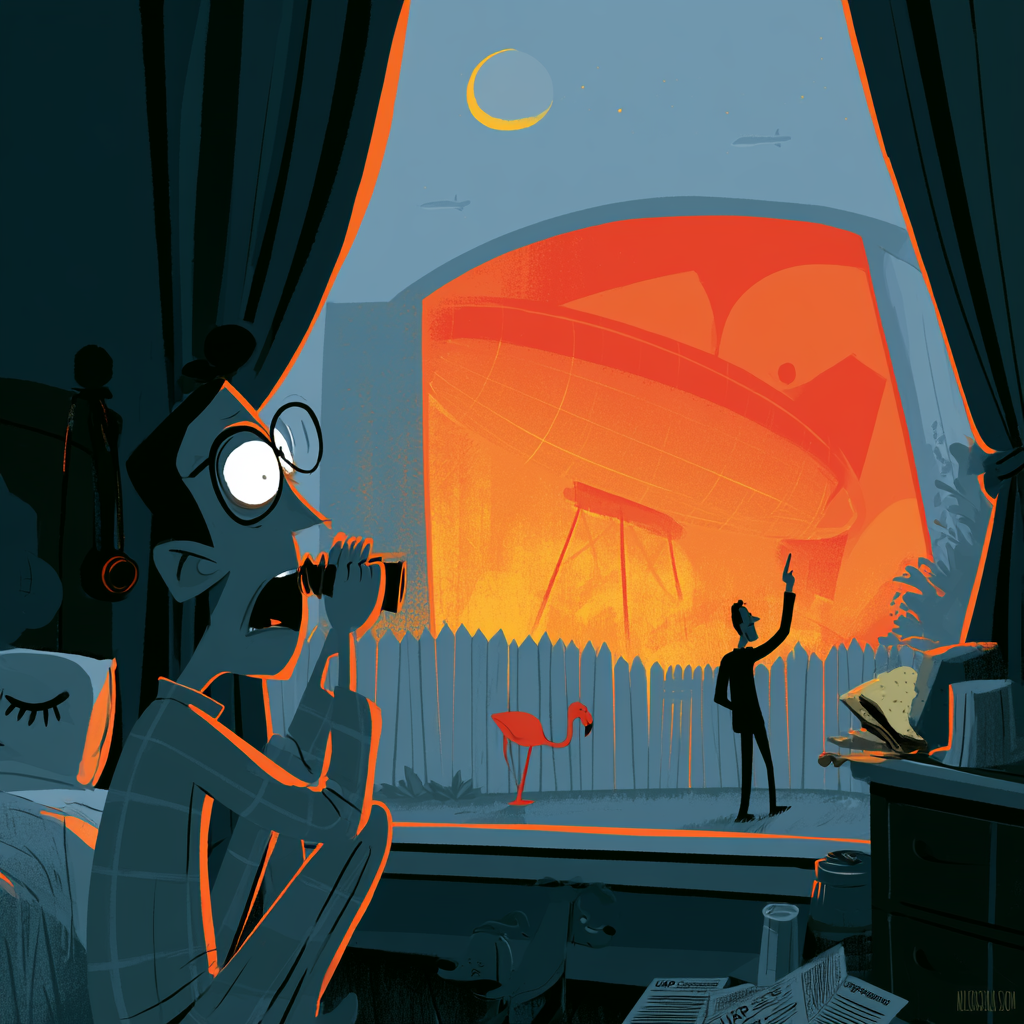 Secret space program disclosure — observer at a bedroom window watching a hidden underground hangar in the neighbor's yard with a cigar-shaped craft inside