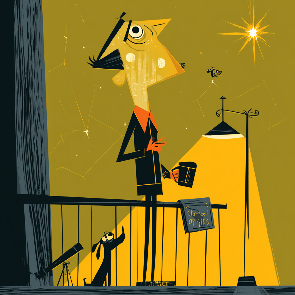 Starseed signs — modern person on a backyard porch gazing at the night sky with an alien planetary landscape visible inside their silhouette as memory